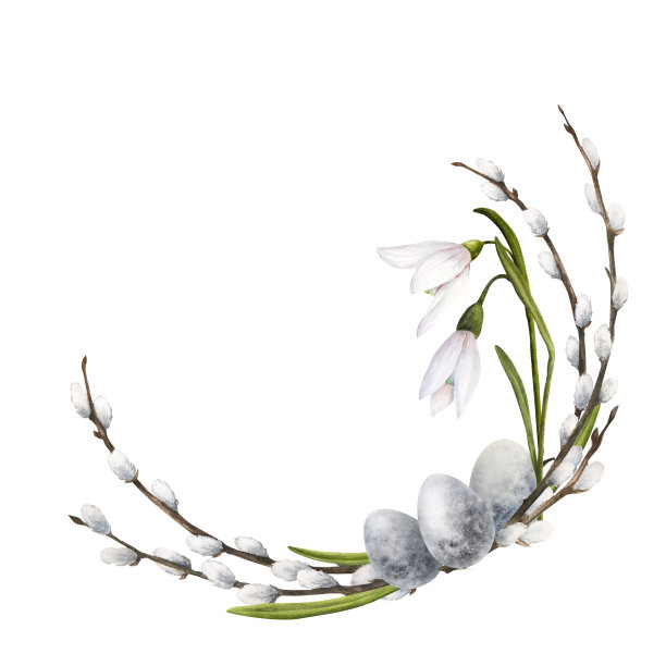 水彩插图的角落框架与复活节彩蛋，雪花莲和猫柳隔离图片下载