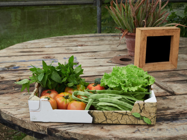 木桌上放着装满新鲜蔬菜的纸板箱:西红柿、生菜和香草图片下载