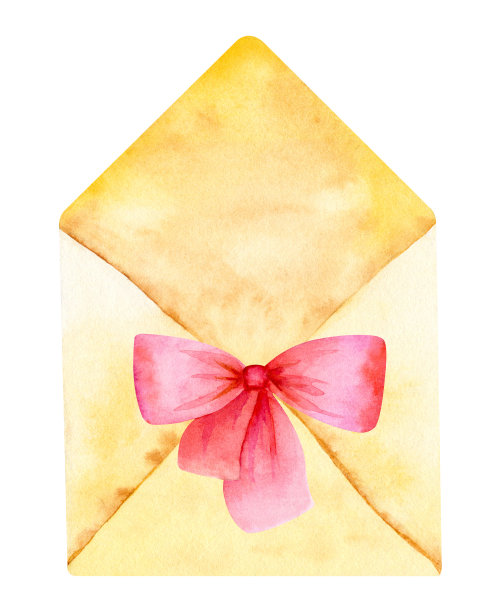 水彩插图的方形信封与红色蝴蝶结。手绘元素组成。图片下载
