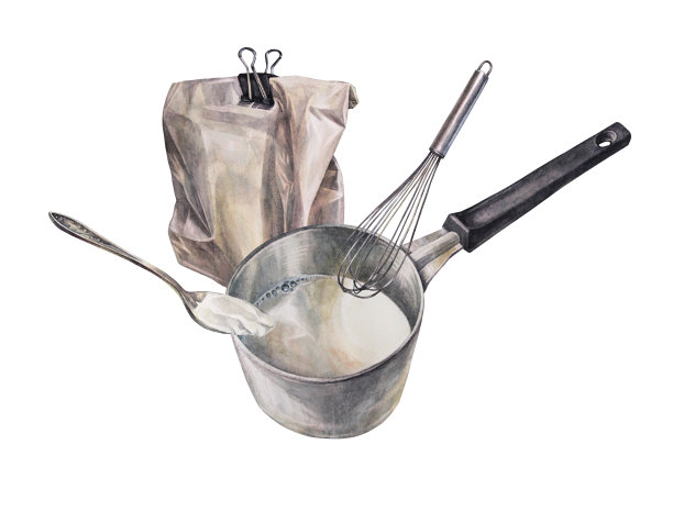 水彩平底锅，牛奶和面粉隔离在白色背景上。做早餐的手绘厨房平底锅。装食物的罐子。粥或饮料。剪贴画贴纸烹饪书，包装图片下载