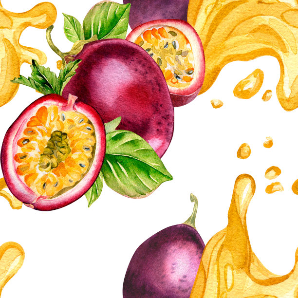 紫色百香果和水彩水花汁的无缝图案孤立在白色背景上。图片下载