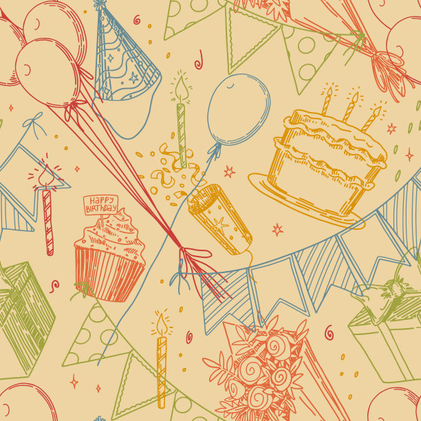 生日派对矢量无缝模式。蛋糕，蜡烛，礼物，卡片，节日旗帜，花束，气球的轮廓插图。明亮的复古风格装饰。图片下载