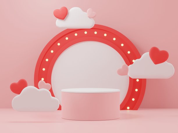 以情人节为主题的空白讲台最小场景的3d渲染。产品展示模型展示架。圆筒台甜美可爱的粉红色与简单的设计。图片下载