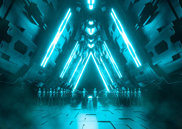 未来场景的科幻机器人通过巨大的传送进行军事入侵图片下载