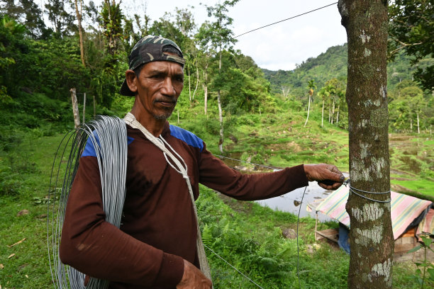 男子行走携带电线连接到围栏-库存照片图片下载