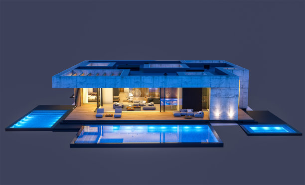 现代风格的新混凝土房子的3d渲染孤立在黑色图片下载