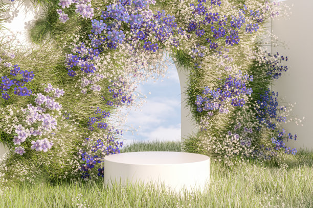 自然美丽的讲台背景与春天的花田。图片下载