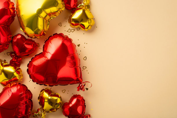 情人节的概念。顶部视图照片心形红色金色气球和闪亮的五彩纸屑在孤立的浅米色背景与空白图片下载