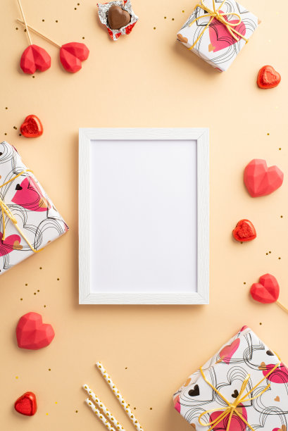 情人节的概念。顶部视图相框礼盒的垂直照片心形棒棒糖巧克力糖果吸管和金色亮片在孤立的粉彩米色背景与空白图片下载