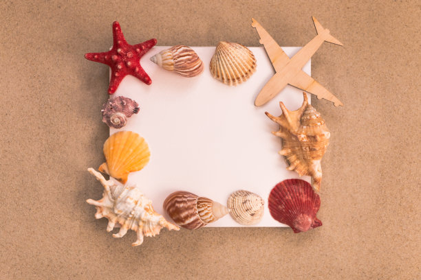 旅游广告背景，白纸上的沙子，木制飞机和贝壳，旅游概念图片下载