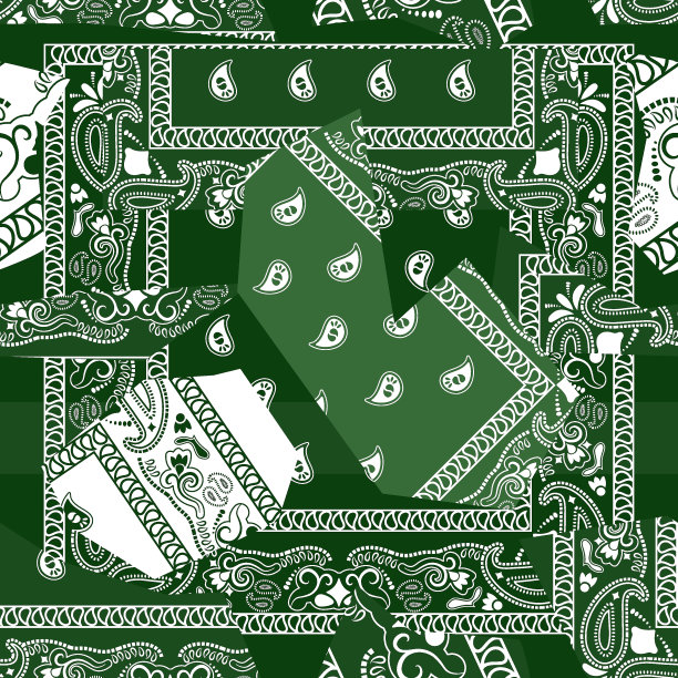 绿色大手帕手帕佩斯利织物拼接抽象矢量无缝模式图片下载