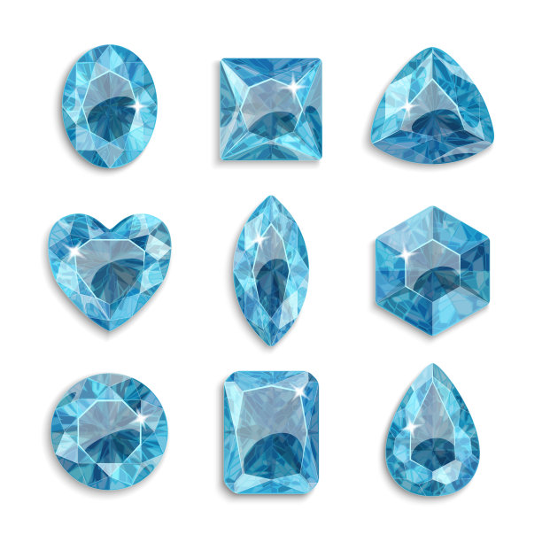 不同形状的宝石。一套浅蓝色水晶。珠宝。图片下载