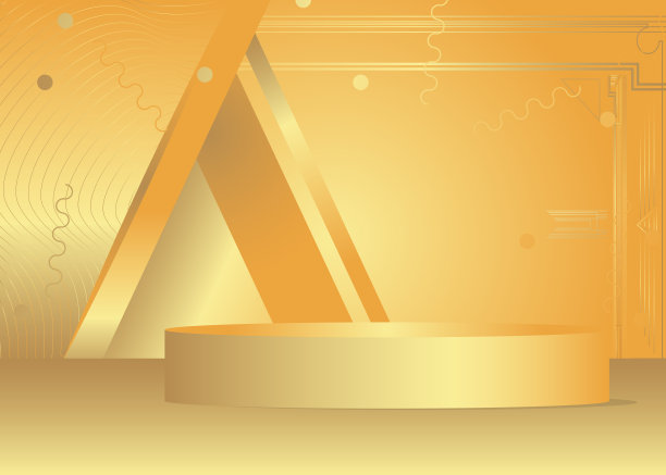 黄金产品展示。矢量3D黄金房间，圆柱体底座讲台。用于展示的舞台展示柜。未来科幻最小几何形式，空场景。图片下载