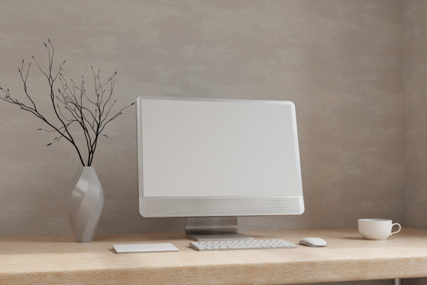最小的斯堪的纳维亚工作空间，木桌上的台式电脑模型。三维渲染图片下载