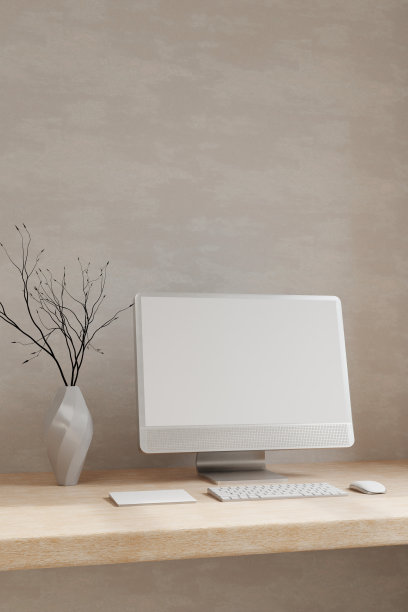 最小的斯堪的纳维亚工作空间，木桌上的台式电脑模型。三维渲染图片下载