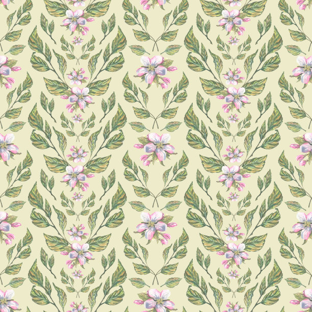 粉红色的花朵，绿色的苹果叶，绿色的背景。水彩插图。无缝模式从苹果花系列。用于墙纸、纺织品、织物的装饰设计图片下载