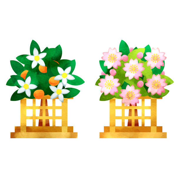 一棵桔子树和一棵樱花树。中国娃娃的装饰。图片下载