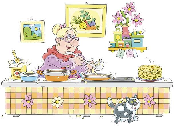 有趣的奶奶为节日餐桌煎美味的煎饼图片下载