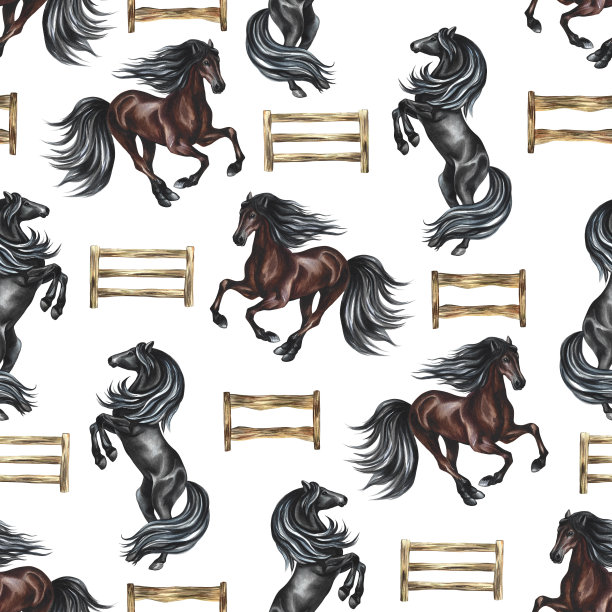 无缝模式与马和木栏。水彩画的手。用于印刷、纺织和标签。图片下载