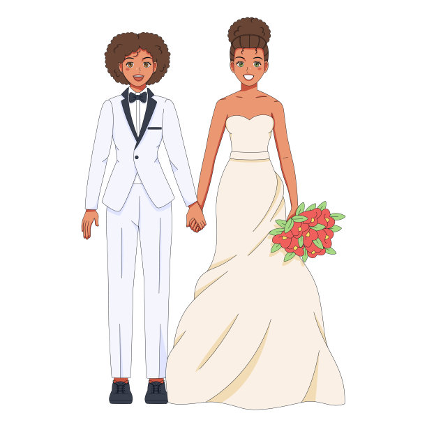 矢量可爱的婚礼夫妇动漫人物孤立图片下载