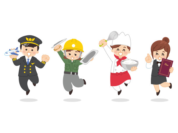 的职业。飞行员。泥水匠。糕点师。女服务员。图片下载