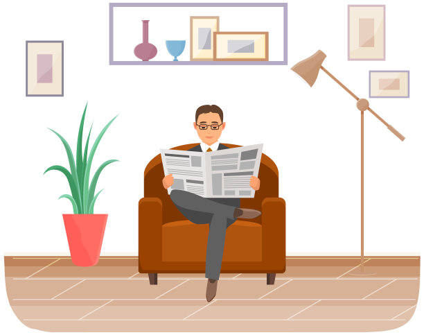 商人坐在扶手椅上看报纸。住宅或酒店现代客厅的室内设计图片下载