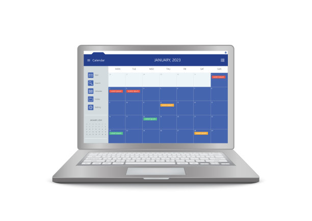 日历规划器组织管理。笔记本日历事件应用程序在屏幕上。插画家向量图片下载