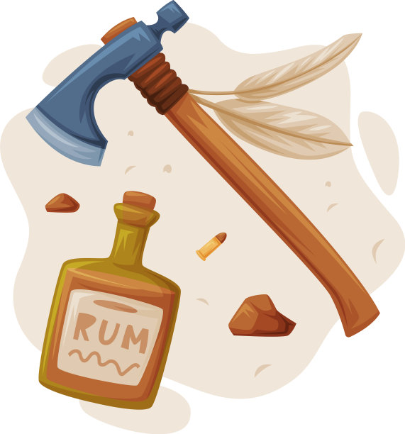 朗姆酒瓶和短柄斧作为狂野西部的对象图片下载
