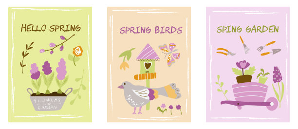 你好,春天。收集季节性可爱的明信片。矢量图图片下载