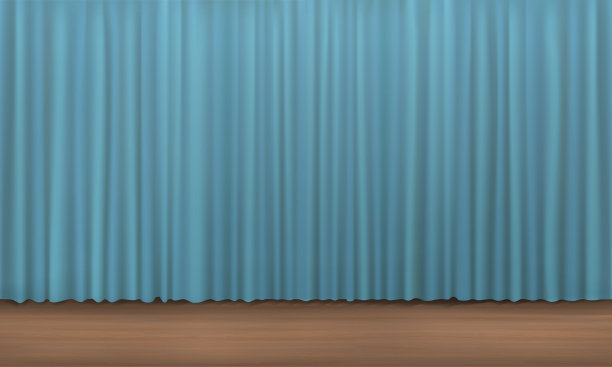 蓝色窗帘和木地板。蓝色窗帘背景。幕背景向量。图片下载