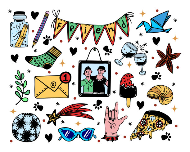 男性友情矢量图标集。朋友，伙伴，兄弟，兄弟。良好关系的象征-男孩照片，披萨，足球，摇滚乐，拥抱。手绘的卡片，海报，网页涂鸦。隔离在白色上图片下载