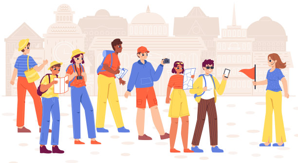 与城市导游组团。游客带着相机和地图旅行。青年人物旅行，人们在旅途中看观光，舒适的向量场景图片下载
