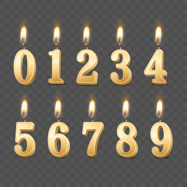 矢量3d现实石蜡或蜡燃烧黄色金色生日派对蜡烛，数字和不同的火焰蜡烛图标集隔离。设计模板，剪贴画，生日概念。前视图图片下载