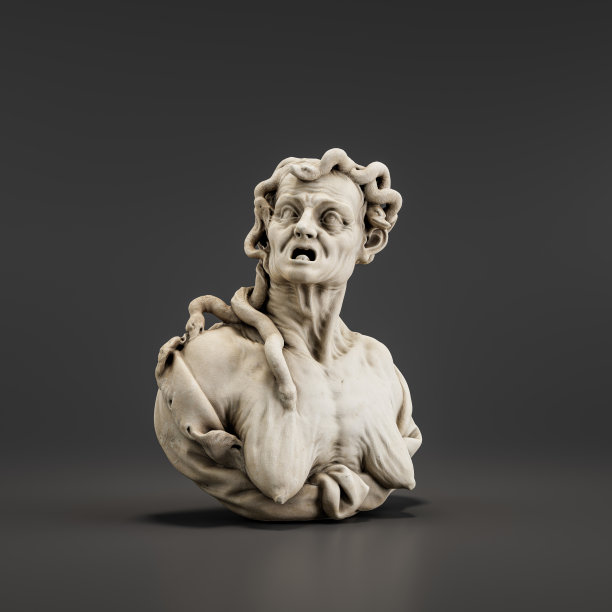 富于表情的老妇人雕塑描绘了一个满脸皱纹和愤怒的老人。何塞·德·科尔特(1670年)从侧面看，3d渲染图片下载