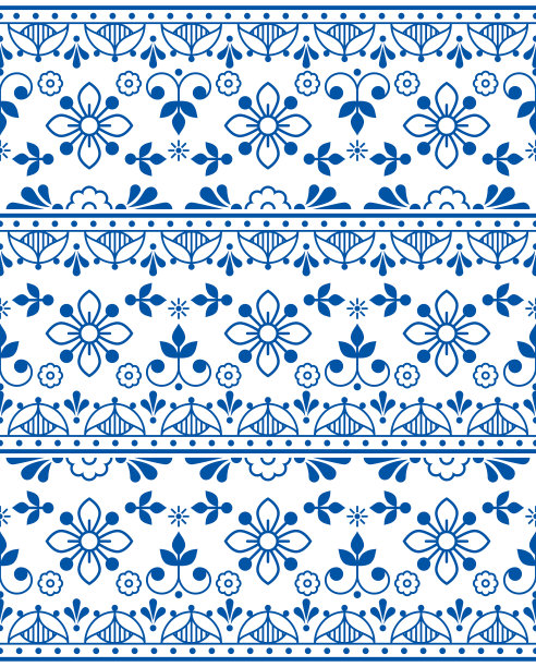 斯堪的纳维亚民间艺术轮廓矢量无缝纺织品或织物印花图案，藏青色复古设计与花卉图片下载