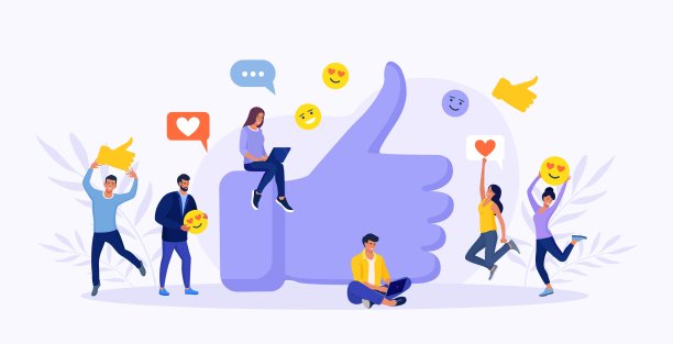 有社交媒体偶像的人站在旁边竖起大拇指。男性和女性追随者给予点赞和积极反馈。客户评价。网络营销，商业中的SMM图片下载