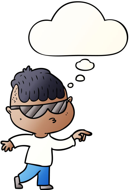 卡通男孩戴着太阳镜指向思想泡沫在平滑渐变风格图片下载