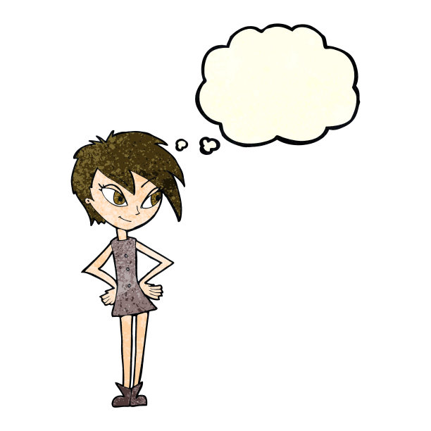 卡通女孩手放在臀部与思想泡泡图片下载