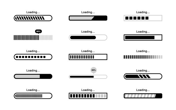 加载栏图标设置。负载的迹象。下载指示牌。进度加载条。上传的象征。加载程序图标。矢量插图。图片下载