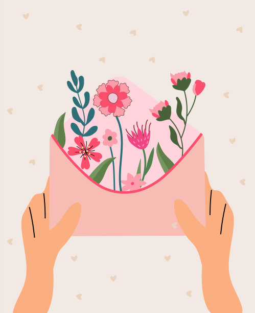漂亮的明信片，信封里有一束春天的花。用于庆祝生日、婚礼、母亲节、春天等的插花。矢量插图。图片下载