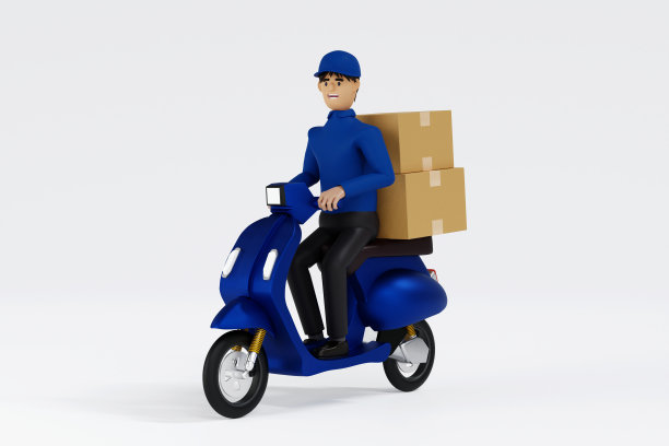 快递员在摩托车快递包裹盒，运输服务和邮件快递员的概念，3D渲染。图片下载