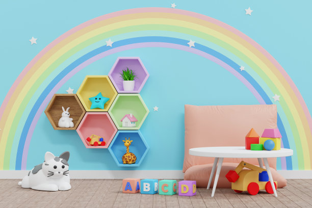 婴幼儿房墙面装饰，娃娃和玩具，幼儿园儿童房，3D渲染。图片下载