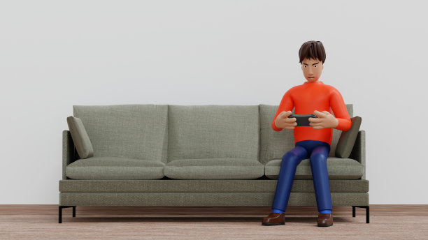 年轻人在扶手椅上用手柄玩游戏，电子竞技和网络游戏概念，3D渲染卡通人物。图片下载