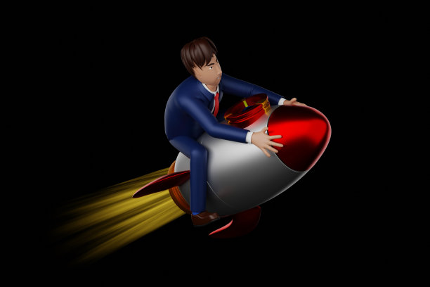 启动创业，新公司概念，商人乘坐火箭升空，3D渲染卡通人物。图片下载