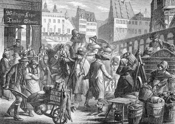 纽伦堡绿色市场的活动增加了，农民从农村来，出售他们的产品，复古雕刻图片下载