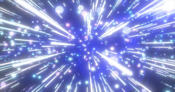 抽象的蓝色飞行恒星明亮发光的粒子和神奇的能量线在一个隧道在开放的空间与太阳射线。抽象的背景图片下载