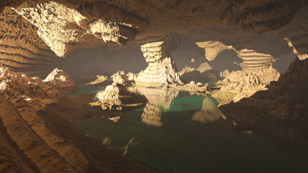 在黑暗的洞穴景观中戏剧性的光线，神秘和超现实，数字艺术。三维插图绘制图片下载