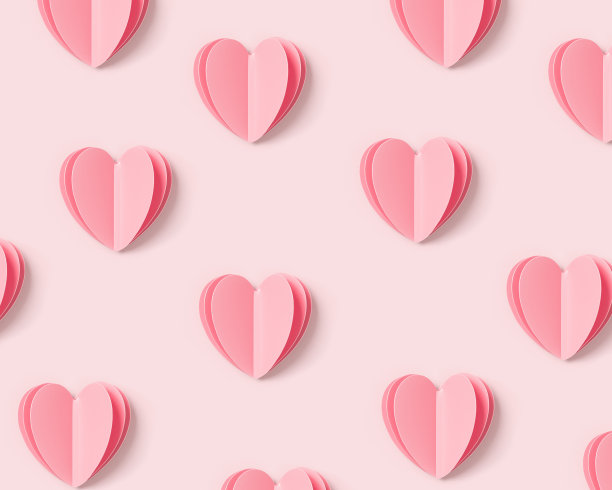 粉色心形在粉红色的背景，最小的趋势模式，粉彩单色粉色打印作为情人节或婚礼的背景。爱心象征爱情，浪漫假日概念，顶视图图片下载