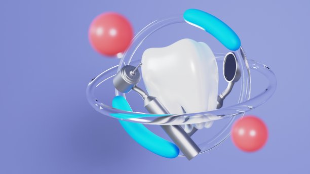 牙齿与牙科仪器与玻璃环和球体在蓝色隔离背景3d渲染图片下载