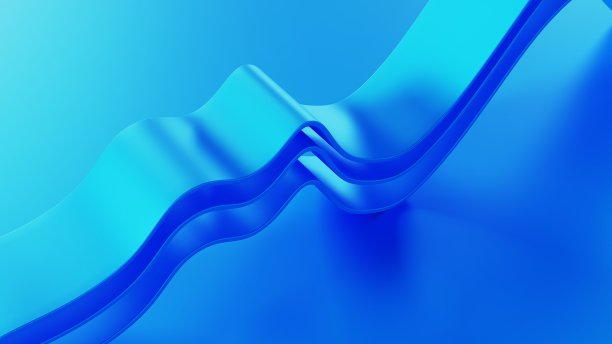 蓝色背景上抽象的蓝色波浪与有趣的光折射3d渲染图片下载